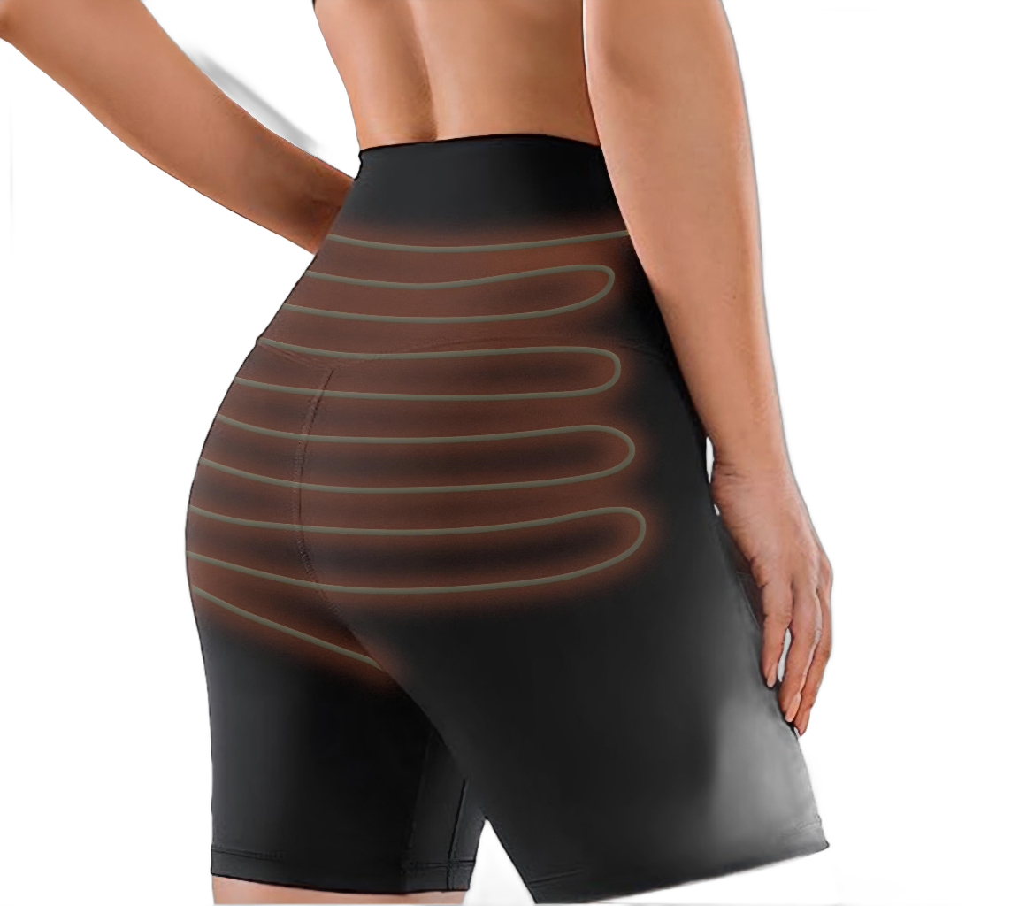 Woman wearing JoiPad heated compression shorts, rear view with heat visualization